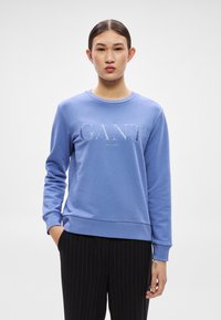 Felpa azzurra realizzata in materiale morbido con il nome del marchio "GANT" ricamato a lettere sul petto, scollo rotondo e maniche lunghe.