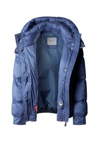 Blue padded winter jacket with snap buttons, a hood, and label inside, shown open with visible interior lining and water-repellent fabric tag.