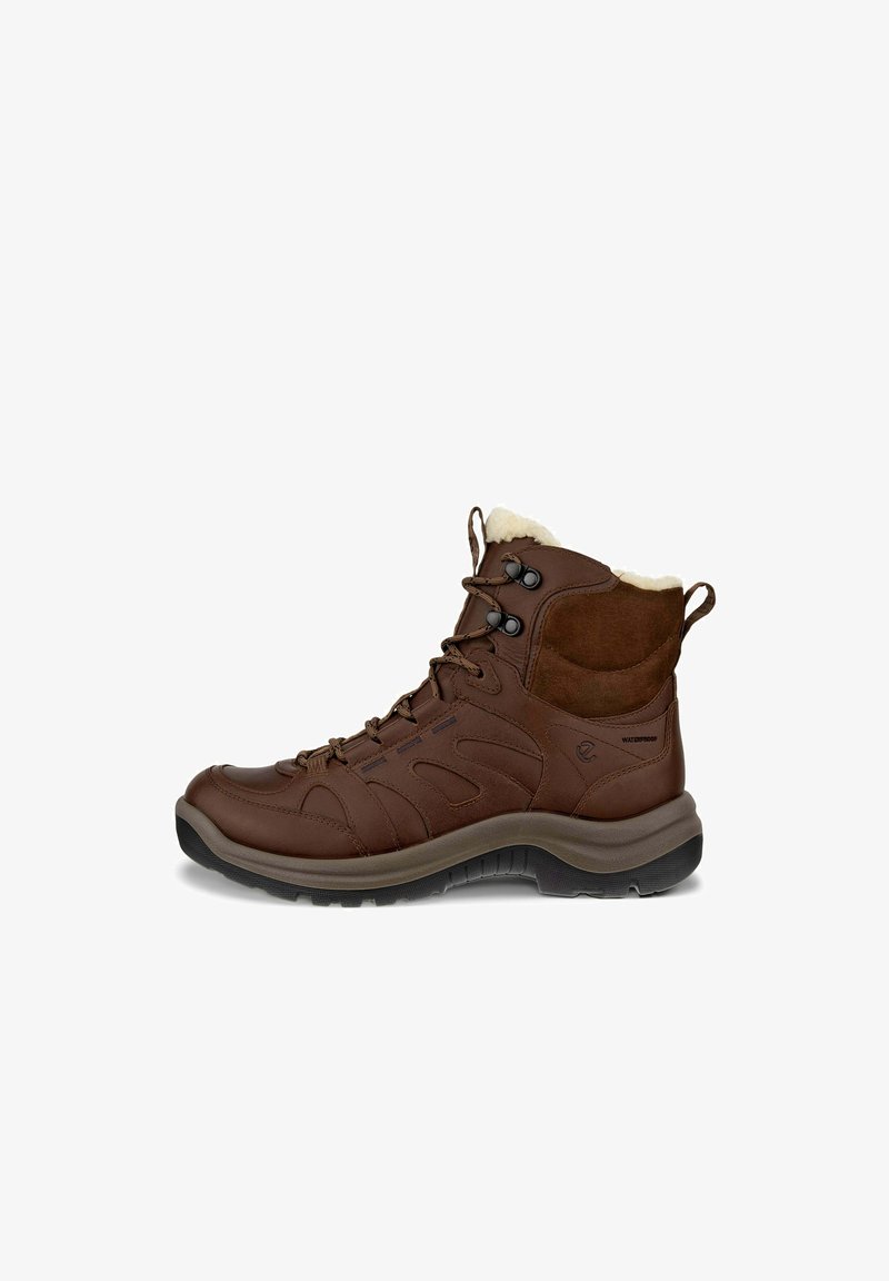 Brązowe wodoodporne buty z teksturowaną skórą i zamszem, z wyściółką wokół kostki oraz sznurowanym designem. Posiadają gumową podeszwę zapewniającą przyczepność.