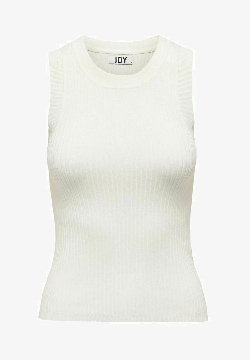Top senza maniche di maglia a coste bianca con scollo rotondo e vestibilità aderente. Presenta una texture sottile e nessun abbellimento visibile.
