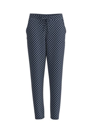 Pantalones azul marino de corte estrecho con un patrón de círculos conectados en blanco, bolsillos delanteros y cintura con cordón.