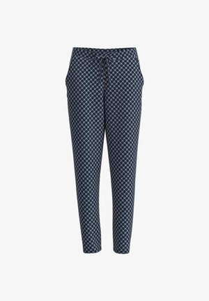 Pantalon bleu marine fuselé avec un motif de cercles blancs reliés, poches avant et taille avec cordon de serrage.