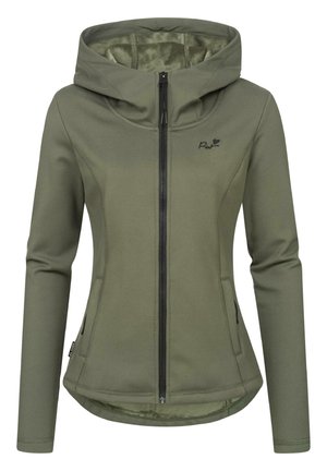 Oliivinvihreä, vartalonmyötäinen hupullinen takki, jossa edessä vetoketju, kaksi sivutaskua vetoketjuilla ja pieni musta logo vasemmassa rinnassa.