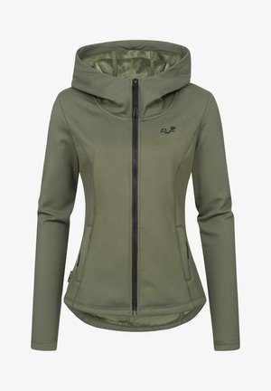 Veste ajustée à capuche couleur vert olive avec fermeture éclair sur le devant, deux poches latérales zippées et petit logo noir sur le côté gauche de la poitrine.