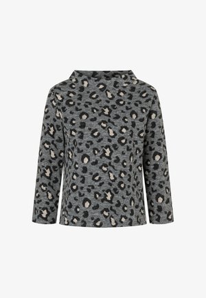 Grijze top met een luipaardprint in zwart en beige. Heeft een hoge hals en lange mouwen met een rechte snit. Zachte textuur.