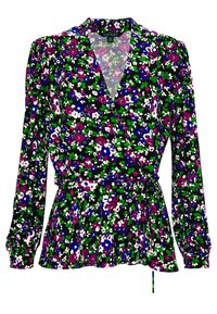 Blommig wrapsblus i svart med livfulla färger som lila, grön, blå och vit. Långa ärmar med samlade axlar och en knytning vid midjan.