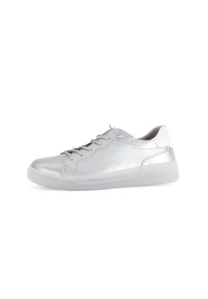 Silver leather low-top sneakers with a smooth finish, tonal laces, and a translucent rubber sole. Rounded toe and subtle seam detailing.