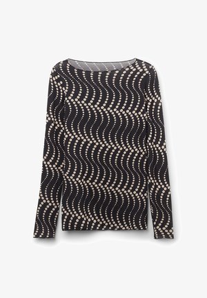 Langärmliges Oberteil aus schwarzem Stoff mit einem wellenförmigen Muster großer beiger Punkte. Rundhalskragen mit glatter Textur.