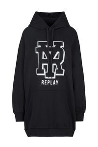 Schwarzer Hoodie mit einer frontalen Kängurutasche, gerippten Bündchen und einer Kapuze mit Kordelzug. Mit auffälligen weißen Buchstaben "R" und "REPLAY" auf der Vorderseite.