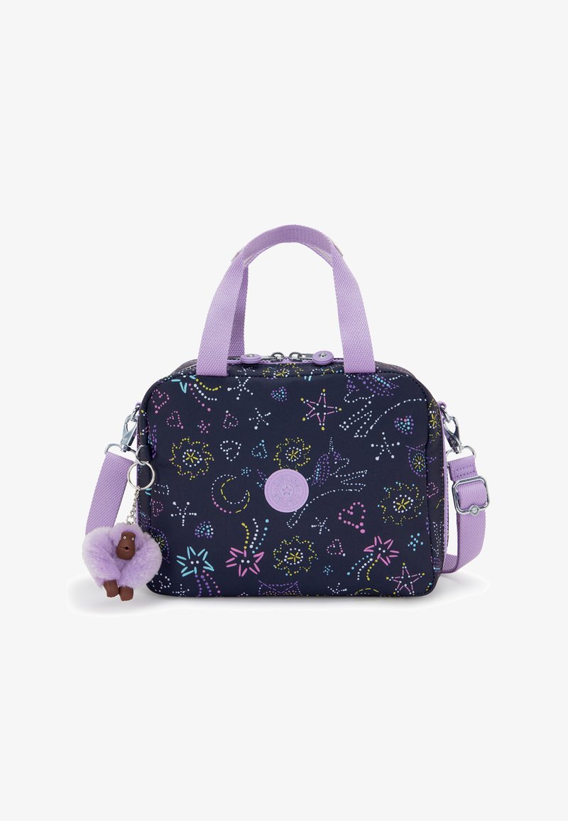 Dunkelblauer Beutel mit bunten Mustern von Sternen, Herzen und Wirbeln; verfügt über lavendelfarbene Griffe und einen verstellbaren Riemen; beinhaltet einen lila Pom-Pom-Anhänger.