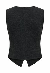 Haut sans manches gris foncé en matériau feutré, présentant un design épuré avec un ourlet en V à l'arrière et sans embellissements supplémentaires.