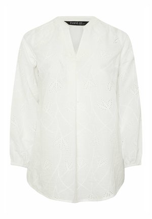 Valkoinen pitkähihoinen pusero, jossa on kukallinen silmäkirjailu, V-pääntie ja löysä istuvuus.