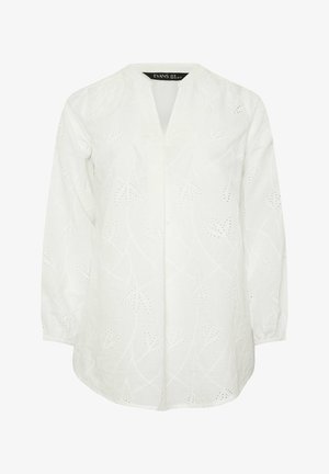 Biała bluzka z długim rękawem, ozdobiona kwiatowym haftem ażurowym, z dekoltem w kształcie litery V i luźnym krojem.