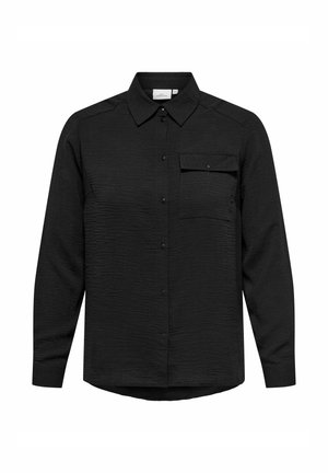 Zwarte langekraagshirt van textuurstof, met een knoopsluiting aan de voorkant, een puntige kraag en een enkele borstzak.