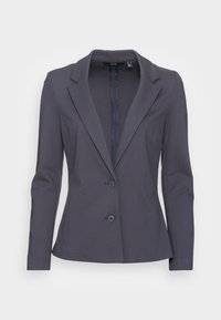 Ciemnoszara marynarka z kołnierzem z wycięciem, zapinana na jeden guzik, z długimi rękawami. Wykonana z gładkiej tkaniny, o dopasowanym kroju.