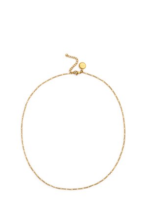 Collar de cadena de oro fino y delicado con eslabones pequeños y uniformemente espaciados, y cierre ajustable con etiqueta redonda sobre fondo blanco.