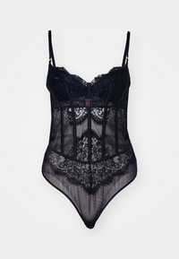 Fekete csipkebodysuit állítható pántokkal, áttetsző anyaggal, virágmintás díszítéssel, függőleges varrásokkal és elöl cipzárral.
