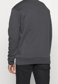 Muž v tmavě šedé mikině s dlouhým rukávem a černých kalhotách, zobrazený ze zádu na jednobarevném světlém pozadí.