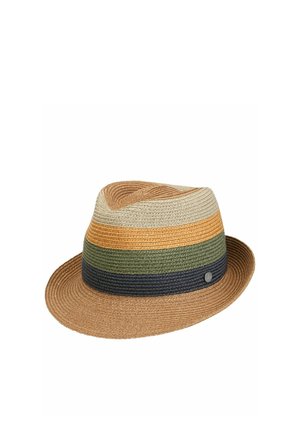 Straw fedora hat with a narrow brim, featuring horizontal stripes in beige, mustard, olive green, and navy blue with a small round metal emblem.