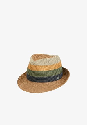 Straw fedora hat with a narrow brim, featuring horizontal stripes in beige, mustard, olive green, and navy blue with a small round metal emblem.