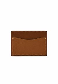 Brown leather cardholder with a textured surface, featuring a curved slot, gold hardware accent, and contrasting stitching along the edges.
