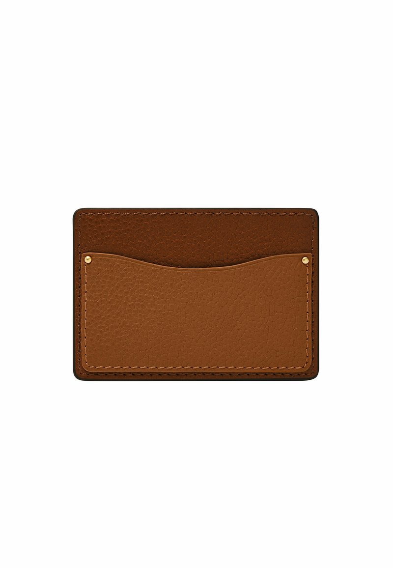 Brown leather cardholder with a textured surface, featuring a curved slot, gold hardware accent, and contrasting stitching along the edges.