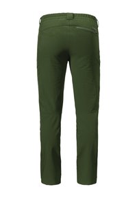 Grüne, dehnbare Outdoor-Hosen mit schmaler Passform, elastischem Bund und einer Reißverschlusstasche auf der Rückseite für die Aufbewahrung. Eignen sich gut für sportliche Aktivitäten.