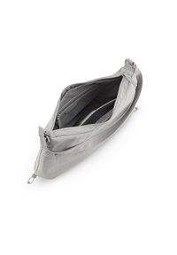 Borsa grigia con chiusura a zip. Interno in tessuto liscio e testurizzato, dotato di più scomparti e di un cinturino rimovibile per maggiore versatilità.
