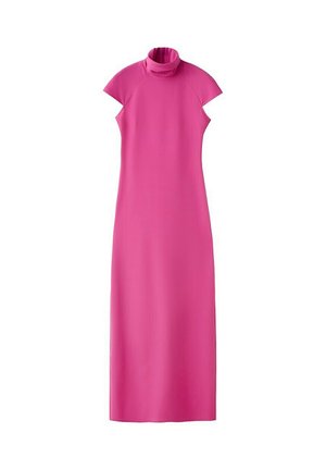 Robe maxi rose vif sans manches avec un col montant à col roulé et une silhouette ajustée.