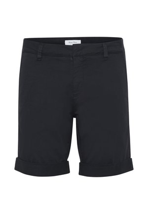 Czarne bawełniane szorty o prostym kroju, z podwiniętymi mankietami i kieszeniami z przodu; jednolity materiał bez widocznych wzorów czy akcentów.