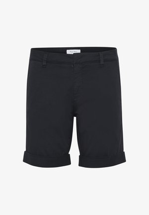 Mustat puuvillahousut suoran leikkauksen, käännettävien lahkeiden ja etutaskujen kanssa; tasainen kangas ilman näkyviä kuvioita tai yksityiskohtia.