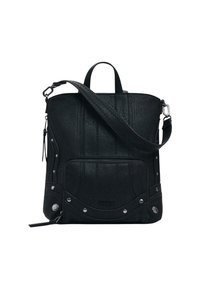 Borsa a spalla in pelle nera con tasca frontale con zip, borchie argentate, motivi in rilievo discreti e una singola tracolla regolabile.