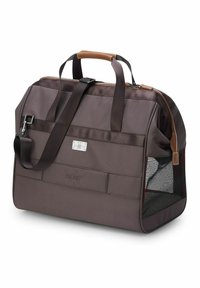 Borsa a duffel in tessuto marrone con manici marroni, strap regolabile, tasca frontale e pannello laterale in rete. Presenta un'etichetta del marchio sulla parte anteriore.