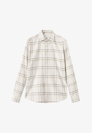 Beżowa i biała koszula w kratę z długim rękawem, z kołnierzykiem zapinanym na guziki, przednimi guzikami oraz podwijanymi mankietami z subtelnymi burgundowymi akcentami.