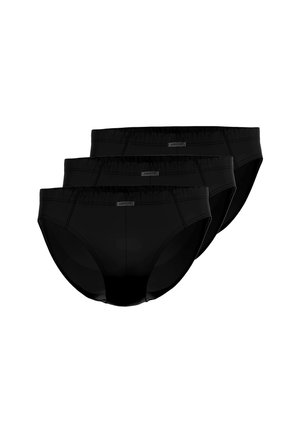 Drei schwarze Baumwollslips mit glatter Textur und elastischem Bund, versehen mit einem dezenten Markenetikett an der Vorderseite. Standard Slip-Schnitt.