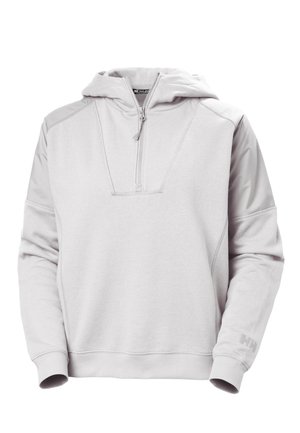 Sudadera con capucha gris claro con cierre de media cremallera, bolsillo canguro y costuras reforzadas en los hombros; cuenta con capucha ajustable con cordón y logo en la manga.