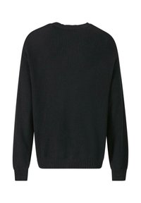 Maglione nero lavorato a maglia con texture a coste, scollatura rotonda e maniche lunghe. Presenta una vestibilità rilassata e polsini e orlo a coste.