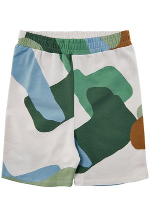 Shorts élastiques à taille élastique avec imprimé camouflage abstrait dans des couleurs vert, bleu, marron et blanc.