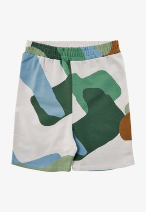 Shorts élastiques à taille élastique avec imprimé camouflage abstrait dans des couleurs vert, bleu, marron et blanc.