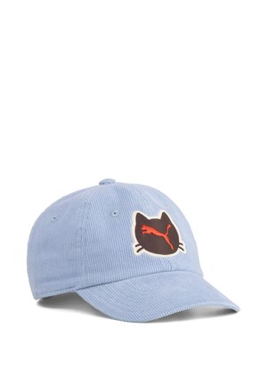 Lyseblå kordfløjls baseballkasket med et sort kattehoved-patch og en orange puma-logo foran.