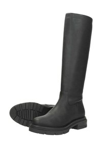 Zwarte leren laarzen tot de knie met een gladde afwerking, dikke rubberen zool en blokhak. Heeft minimale details en een stevige constructie.