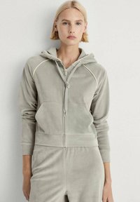 Felpa zip grigia chiara in morbido materiale vellutato. Presenta un cappuccio, polsini a costine e tasche davanti. Cuciture decorative lungo le giunture.