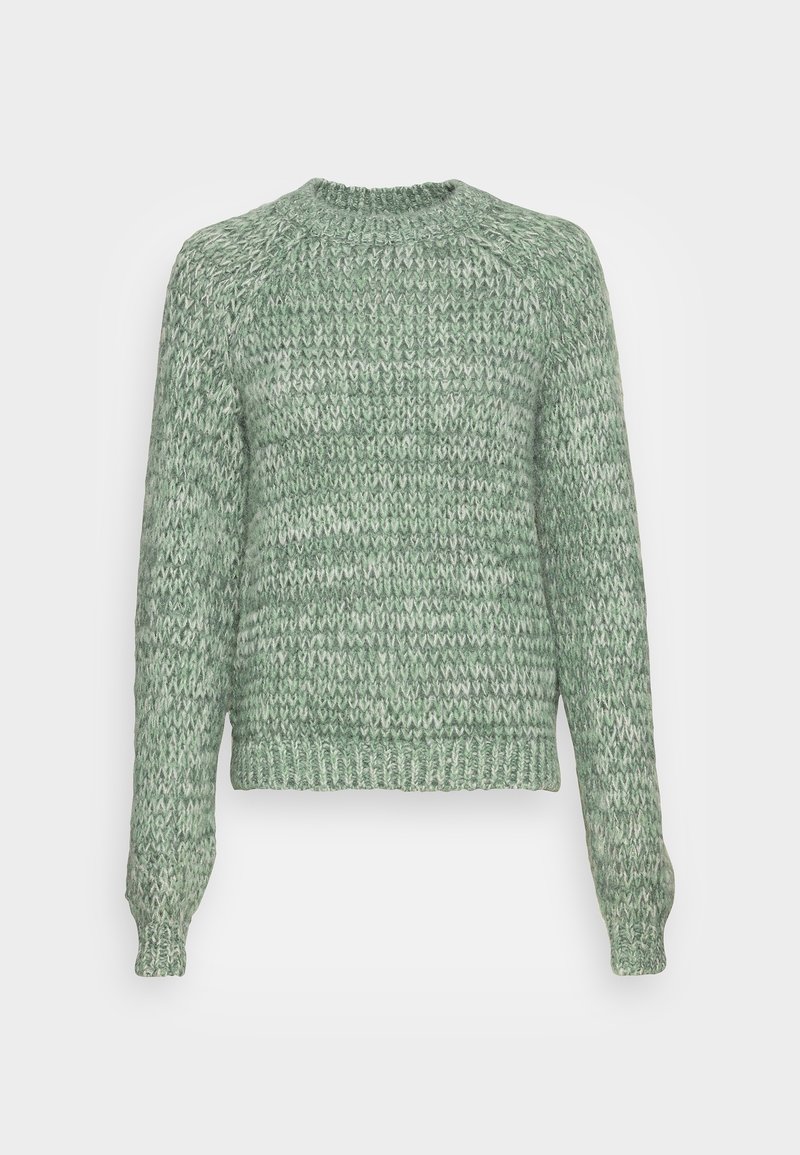 Pull en maille chinée vert et gris avec encolure ronde côtelée, manches longues, poignets et ourlet côtelés.