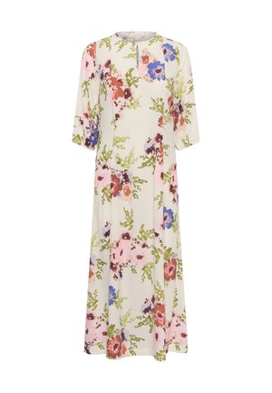 Blumenmusterkleid mit einem cremefarbenen Hintergrund, das mit lebhaften rosa, blauen und bordeauxfarbenen Blumen versehen ist. Fließender Stoff, 3/4-Ärmel und runder Ausschnitt.