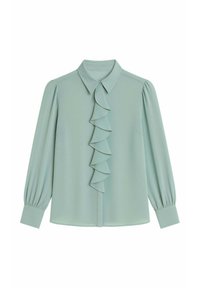 Blusa verde menta con volant davanti, maniche lunghe con polsini elasticizzati e scollo con colletto, realizzata in un tessuto liscio e leggero.