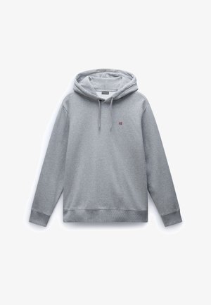 Felpa grigia con cappuccio, tasca anteriore a marsupio, coulisse, polsini a costine e un piccolo logo a bandiera sul lato sinistro del petto.