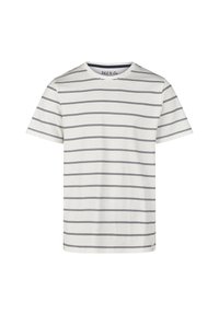 Camiseta blanca de manga corta con rayas horizontales azul marino, cuello redondo, material de algodón suave y un pequeño logo en el dobladillo.