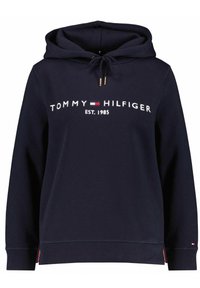 Sudadera azul marino hecha de algodón suave, con capucha ajustable, texto del logo en el frente "TOMMY HILFIGER EST. 1985" y detalles laterales.