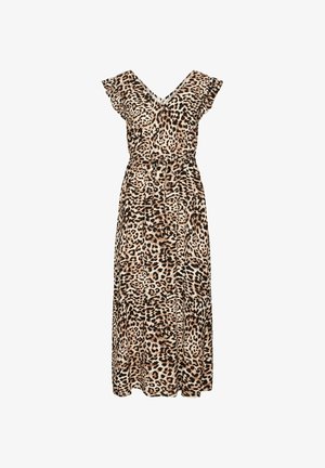 Vestido maxi de estampado de leopardo con mangas cortas con volantes, escote en V, cintura fruncida y tejido fluido. Predominantemente beige con manchas negras y marrones.
