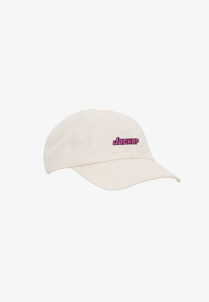 Beige cotton cap with a curved brim, featuring a pink embroidered "Jacker" logo on the front. Solid color and casual design.